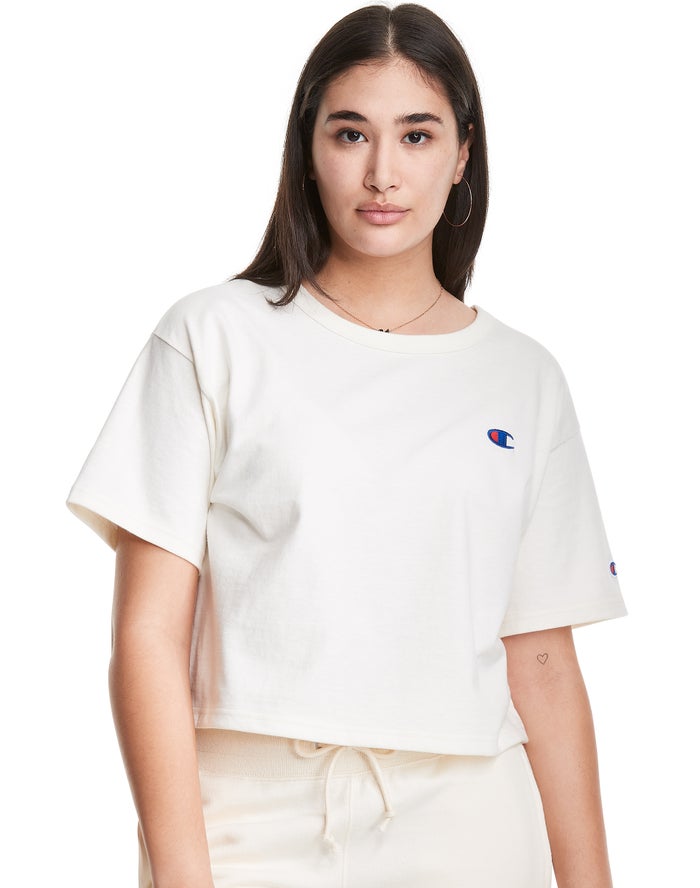 Champion T-Shirt Dames - Wit - Heritage Cropped C Logo ( 402758-RAB )